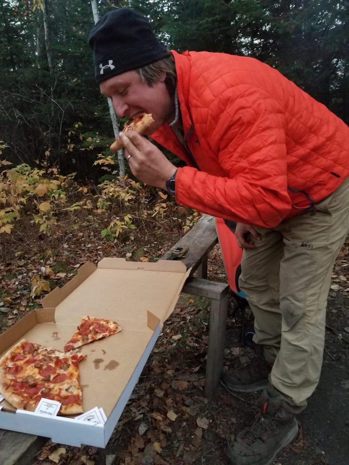 Trail magic, superior hiking trail lutsen MN. Two fellow hikers brought our group of a 3 a pizza from a mile away.