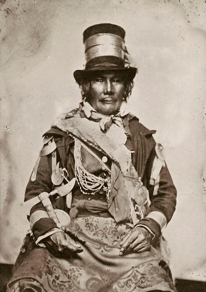 Chief Oshawana (John Naudee), Tecumseh's chief warrior at the battle of the River Thames. September 1858. Brantford, Ontario.