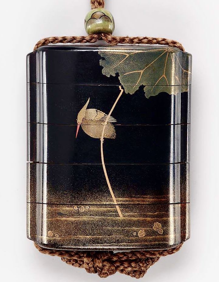 Four-case inro with design of kingfisher on a lotus plant. Edo period ...