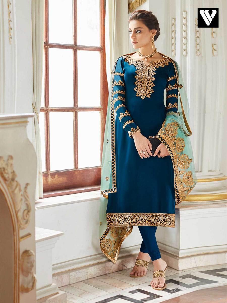 Satin Georgette Fabric Navy Blue Function Wear Embroidered Churidar Suit