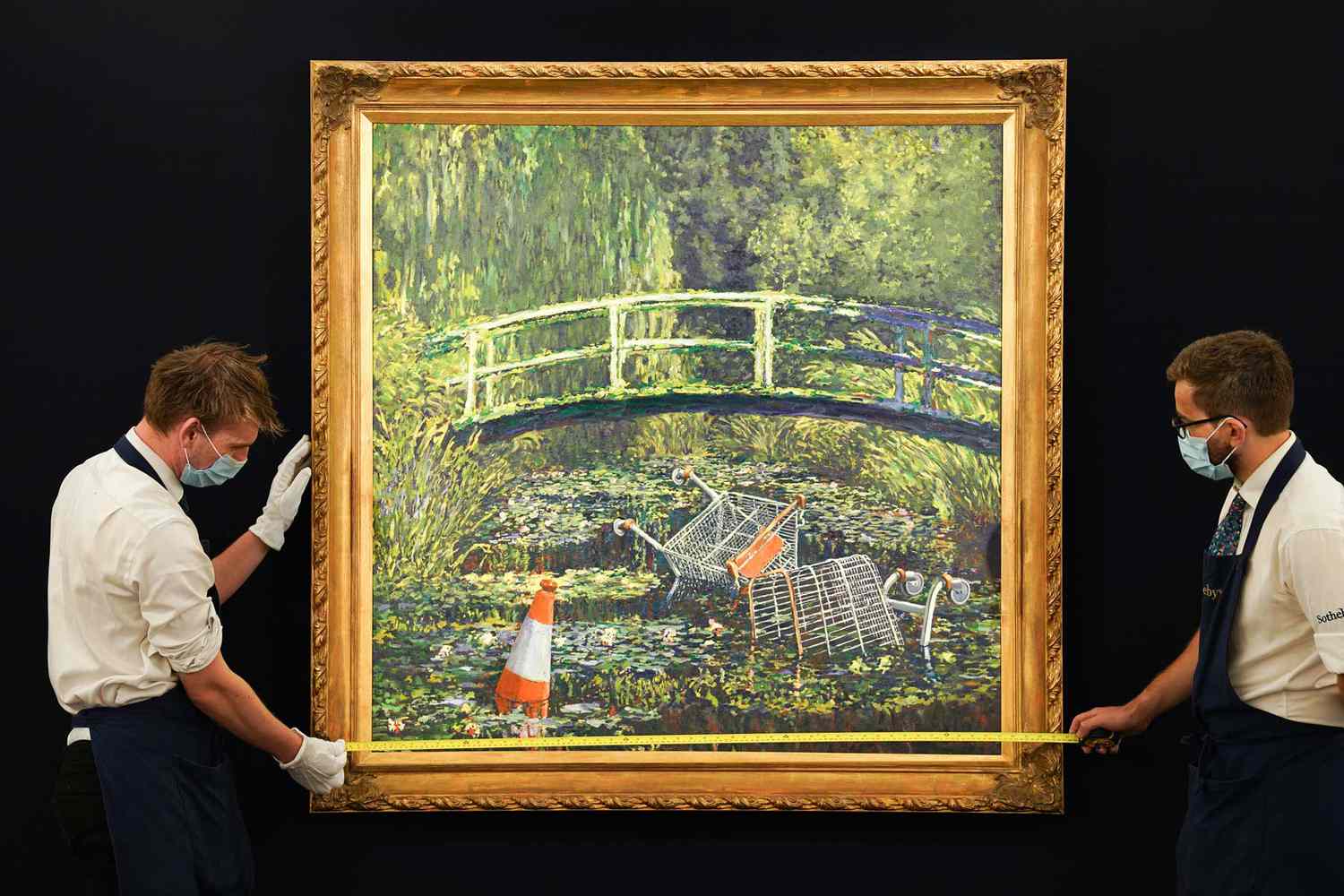 A Reimagined Monet Painting by Banksy Featuring Traffic Cones and Shopping Carts Is Going Up for Sale