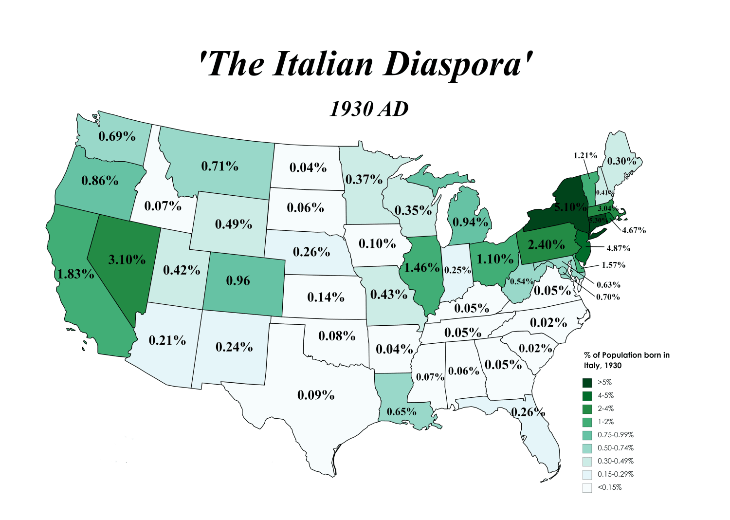 "The Italian Diaspora"- Percentage of Each State's Population in 1930 born in Italy
