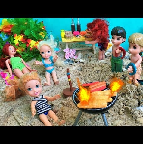 Anna and Elsa Toddlers Beach Party Barbecue! Contest! Jetski - Barbie Mermaid Tails! Water Fun! Toys