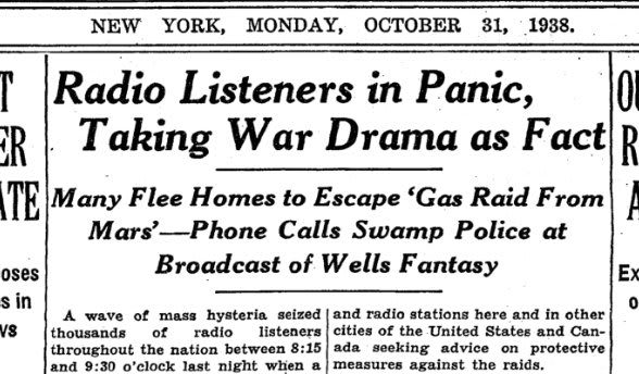 "New York destroyed; it's the end of the world," a woman told churchgoers in Indianapolis. "You might as well go home to die. I just heard it on the radio." She had heard H.G. Wells's "War of the Worlds," broadcast on this day in 1938.