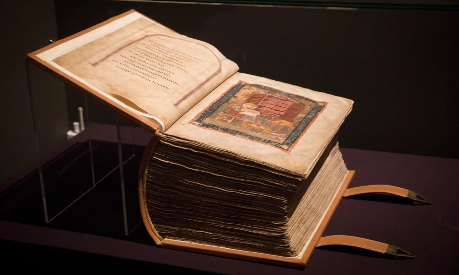 The Codex Amiatinus, an early surviving complete manuscript of the Christian Bible produced around the year 700 AD in the Anglo-Saxon Kingdom of Northumbria. Gifted to Pope Gregory II in 716, it now belongs to the Laurentian Library in Florence.