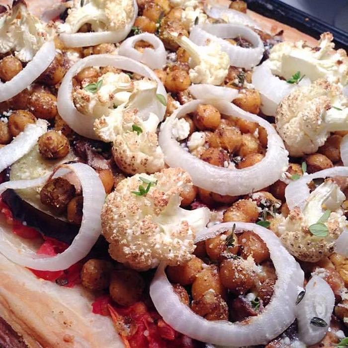 Grilled veggies and crispy chickpea pizza