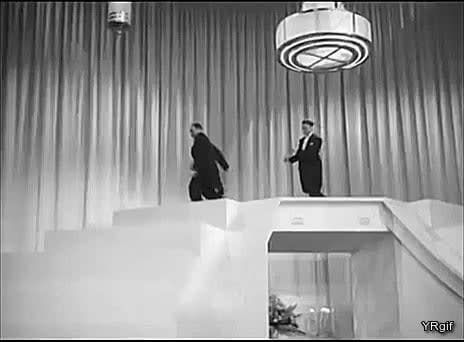 The Nicholas Brothers were a team of dancing brothers, Fayard & Harold, who performed a highly acrobatic technique known as "flash dancing". Here they are performing in 1943.