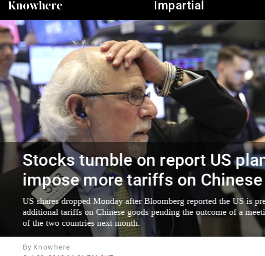 Stocks tumble on report US plans to impose more tariffs on Chinese goods
