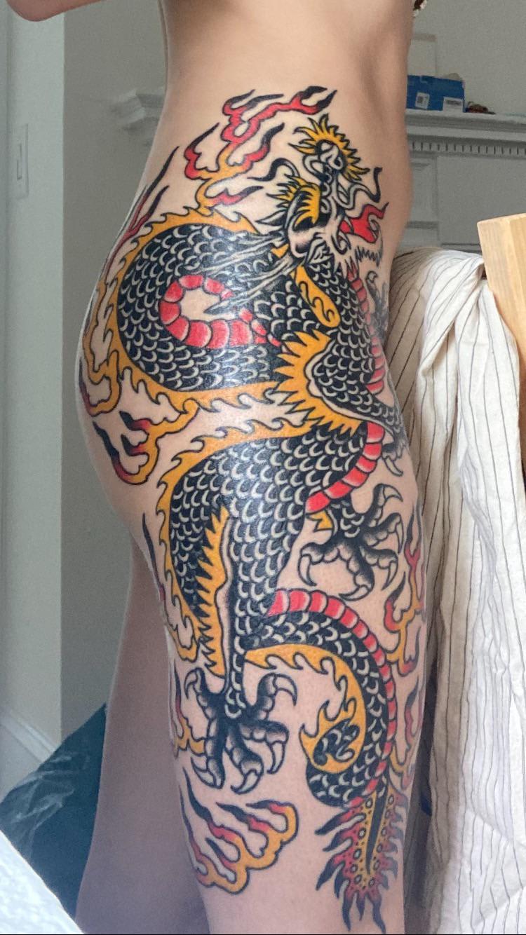 Fresh dragon two-session piece by Kevin at Bed-Stuy Tattoo Co., Brooklyn NY