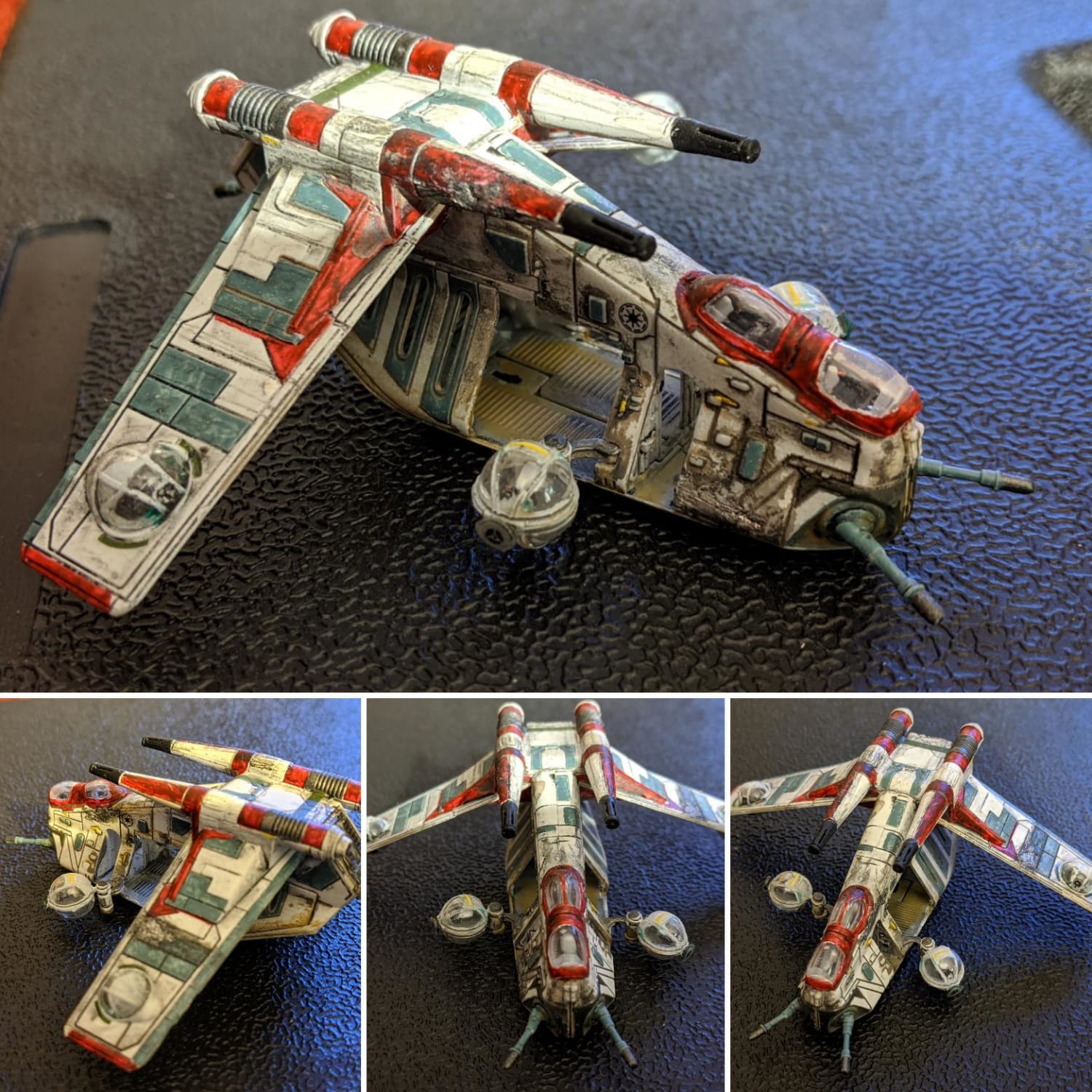 Revell 1:172 Republic Gunship. Paint faded, battered and worn from frontline service sporting some fresh chips and scorch marks. For me one of the best designs to come out of star wars and a fun quick little build. Hope you like!