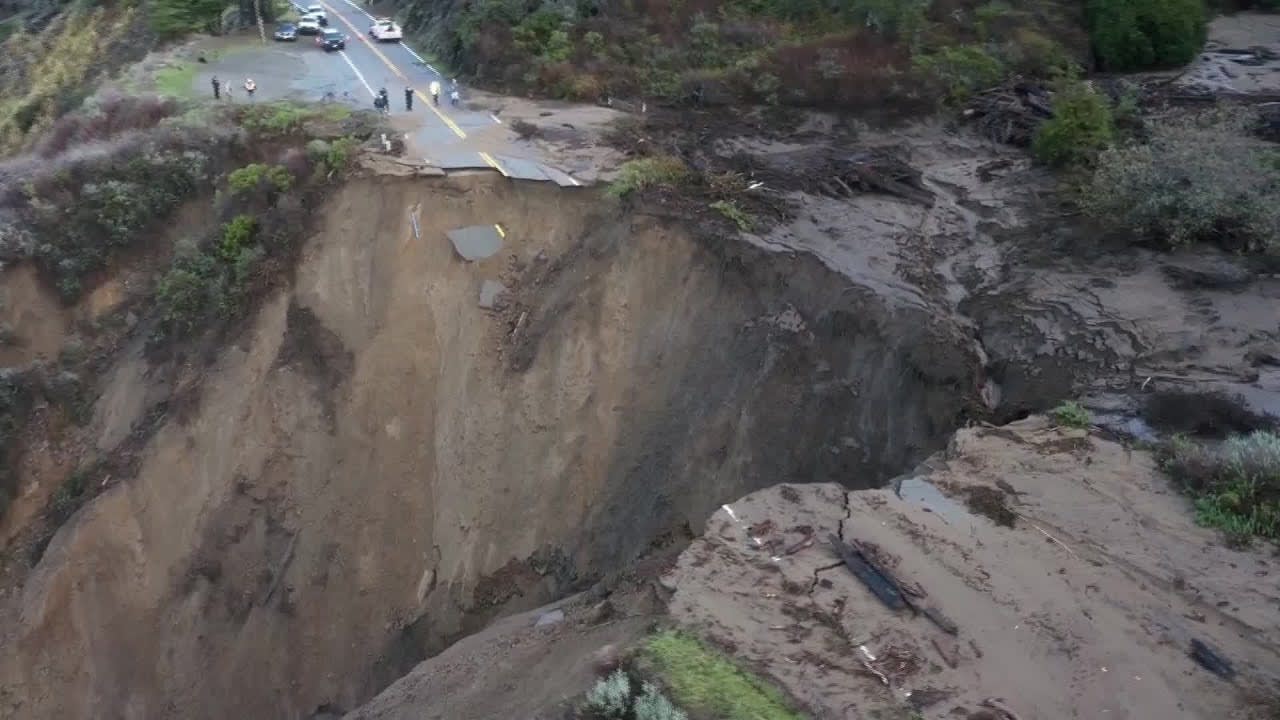 Drone flying over the section of California's Highway 1 that collapsed and washed into the Pacific today