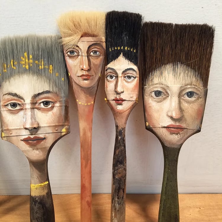 Artist Paints Unique Portraits on Worn Paintbrushes