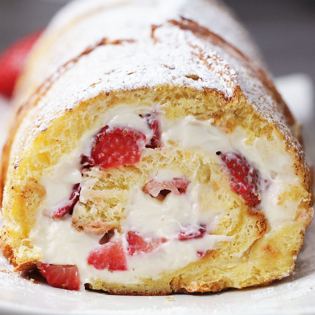 Fresh Strawberries wrapped all together in a creamy French Toast Roll! Shop the recipe!