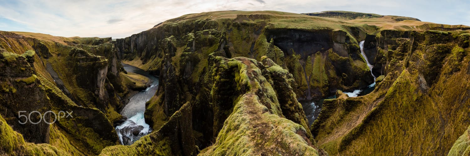 Fjaorargljufur, Iceland panorama mossy green canyon with breathtaking