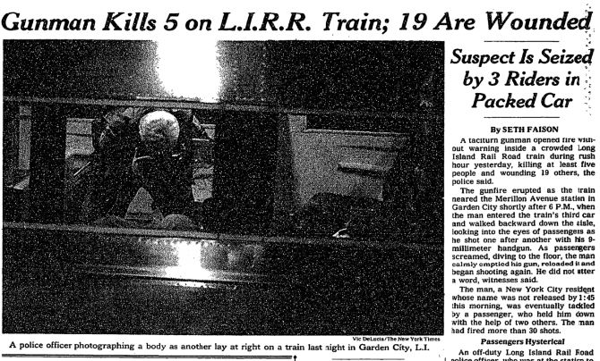 Today in 1993: Colin Ferguson opens fire on LIRR, killing 6 people. The attack took place during rush hour when all seats were full and riders crammed the aisles.