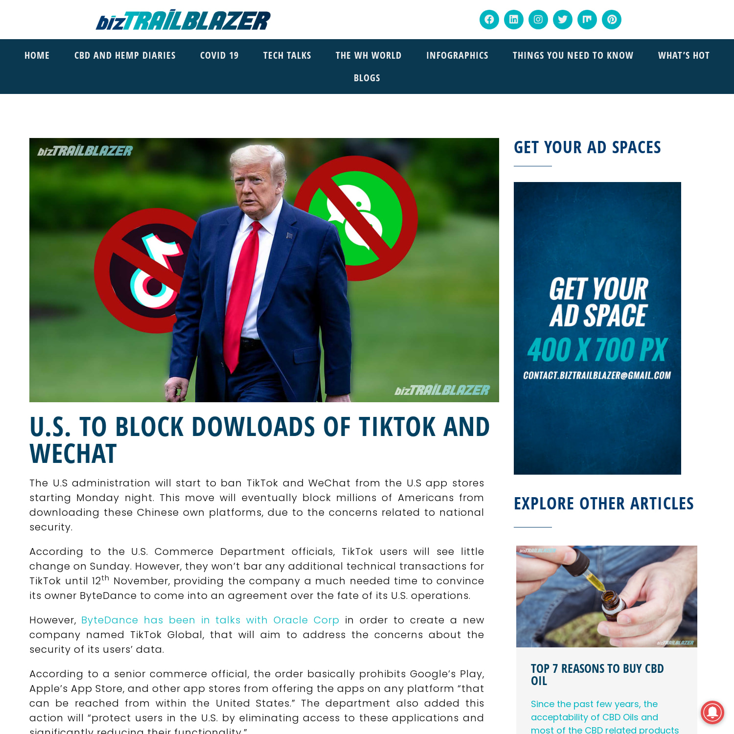 U.S. to Block Dowloads of TikTok and WeChat
