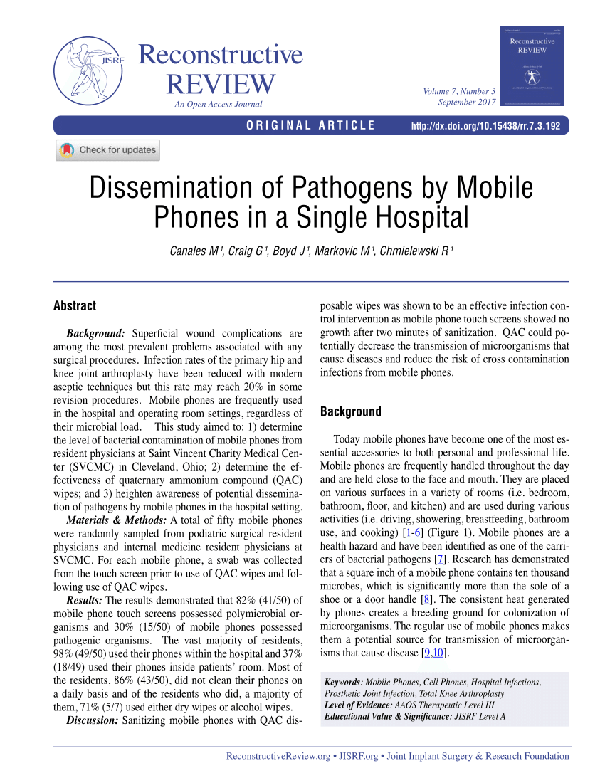 (PDF) Dissemination of Pathogens by Mobile Phones in a Single Hospital