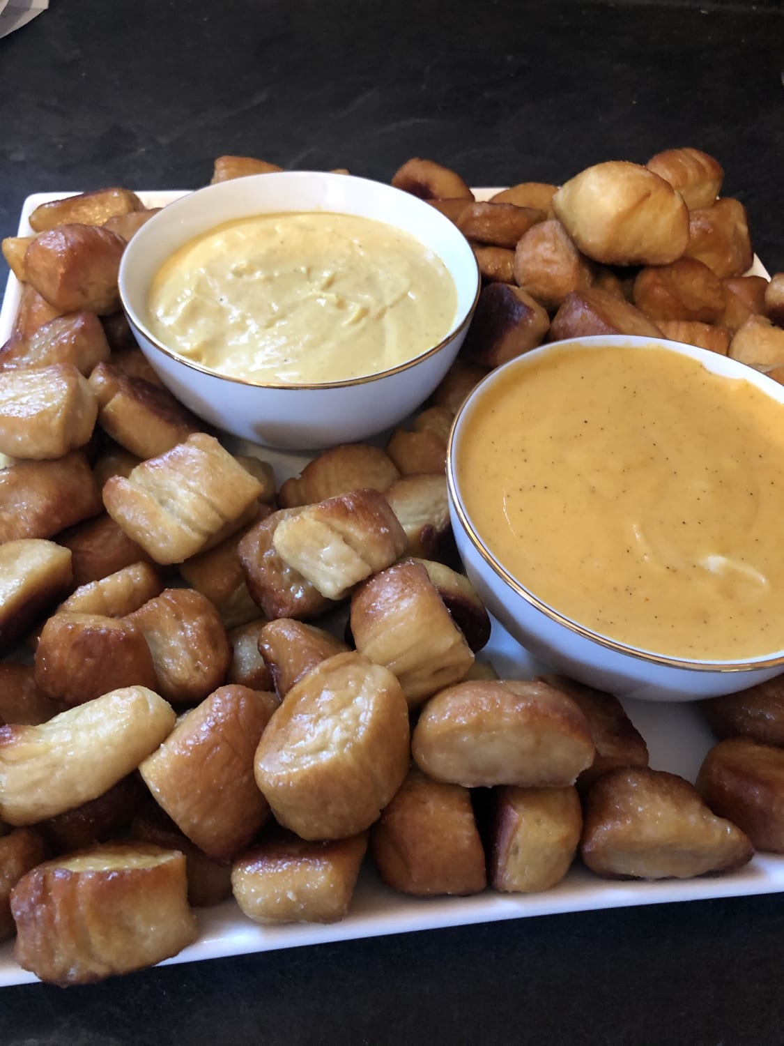 [Homemade] Pretzel Bites with Cheese Sauce and Honey Mustard