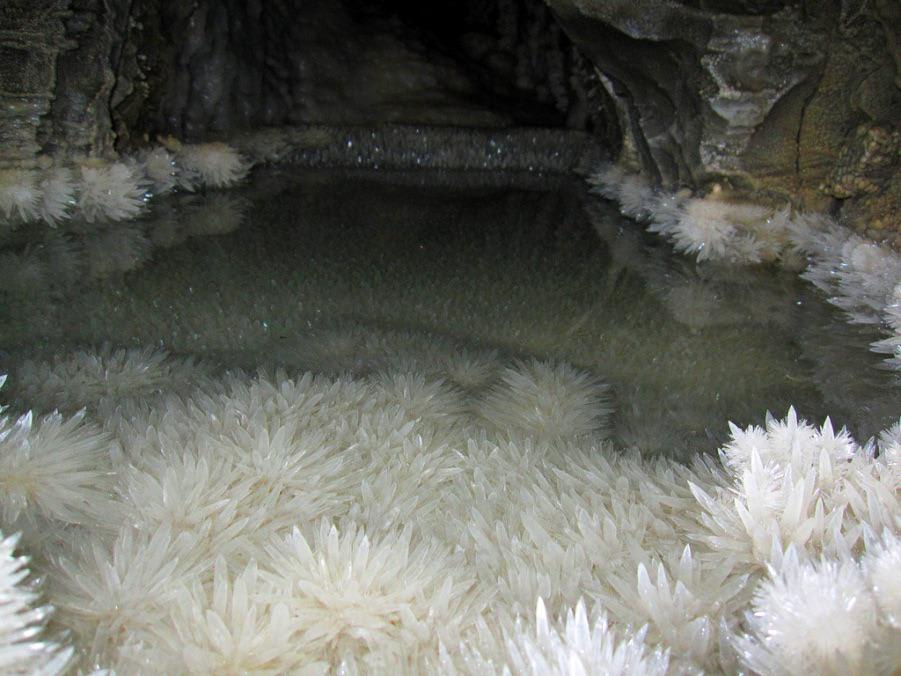This pool full of crystals in Nettlebed Cave, New Zealand. It’s hundreds of metres below the ground, far beyond where natural light has ever penetrated.