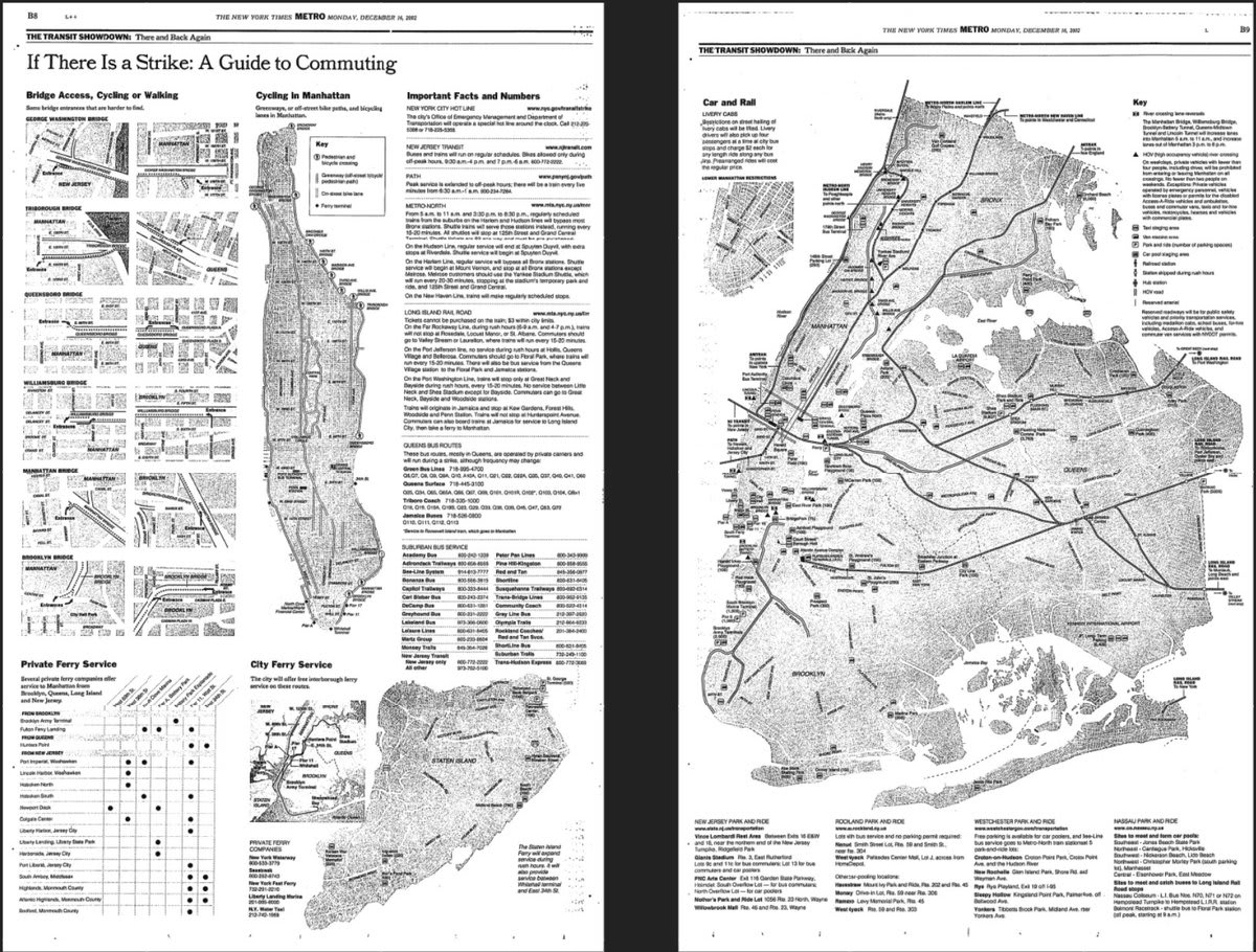 In December 2002, New York City’s 34,000 subway and bus workers were on the brink of strike. Given the possible shutdown of the third-largest transit system in the world, @nytimes took two full pages to map out alternatives for how people could get around.