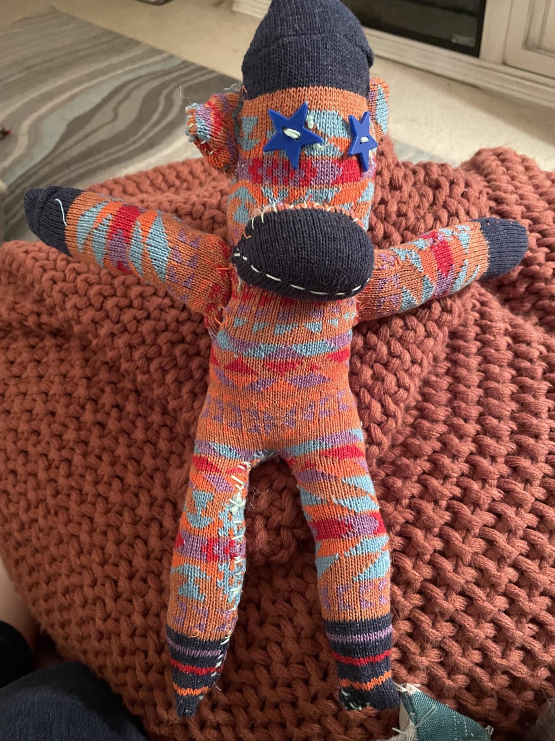 I’m an art therapist… not a fiber artist. But I practiced making a sock monkey per the request of a patient. I just wanted to share it. It’s not great but makes me happy! 🤣