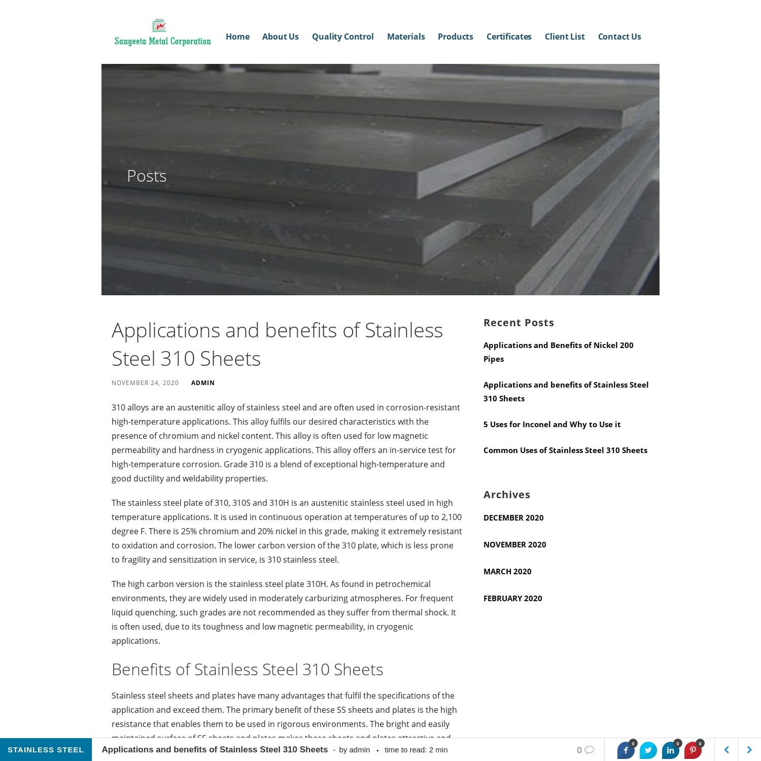 Applications and benefits of Stainless Steel 310 Sheets