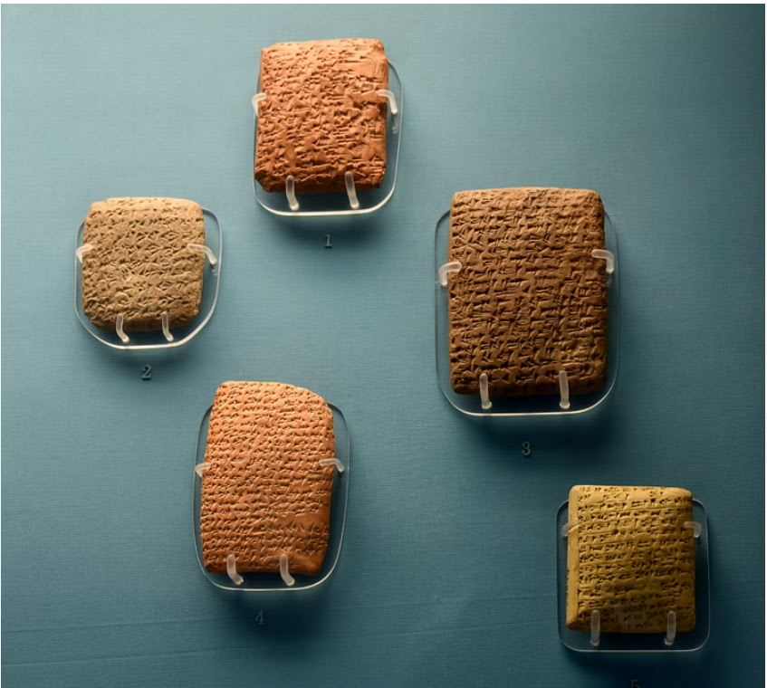 The Amarna Letters. The letters represent the diplomatic correspondence sent by various vassal princes of the Egyptian Empire to the Pharaohs Amenhotep III, Akhenaten, & Tutankhamun. 14th century BCE. From Tell el-Amarna, Egypt. (The British Museum,London)