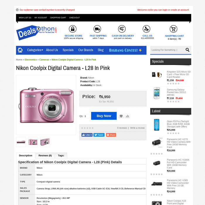 Nikon Coolpix Digital Camera - L28 In Pink