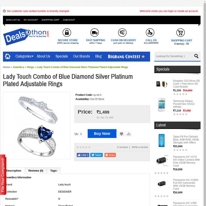 Lady Touch Combo of Blue Diamond Silver Platinum Plated Adjustable Rings