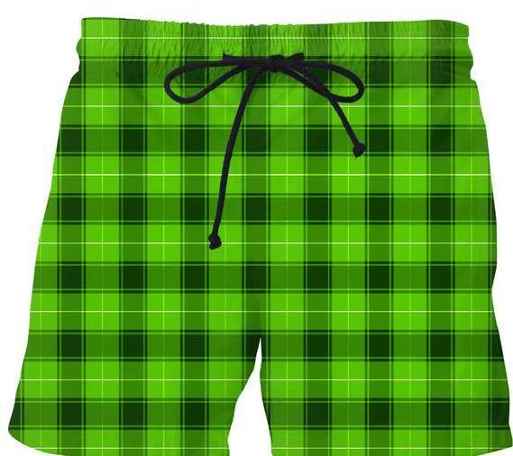 Green and black retro men swim shorts, buffalo plaid short pants, scottish tartan