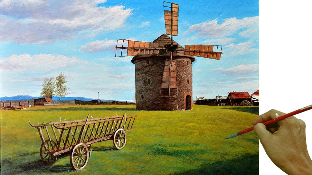 Old Windmill Acrylic Landscape Painting in Time-lapse by JMLisondra