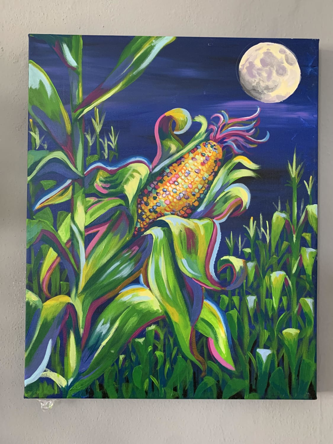 I was commissioned to paint psychedelic corn in the moonlight. A bit out of my comfort zone so suggestions welcome.