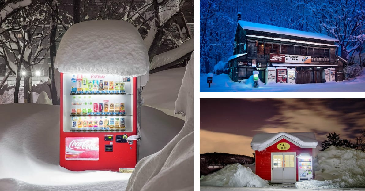 Japanese Vending Machines at Night Juxtaposed with a Wintry Hokkaido Landscape