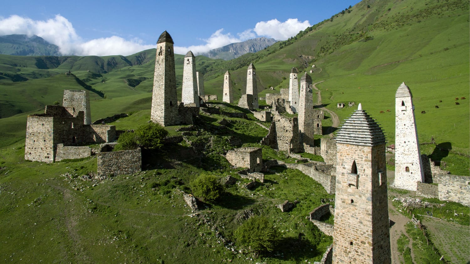 The medieval tower complex Erzi in Ingushetia, Russia, built for defensive and domestic use between the 14th and the 17th centuries CE. Towers were traditionally built in a period lasting no more than 365 days, with every well-to-do family in a community obliged to construct one