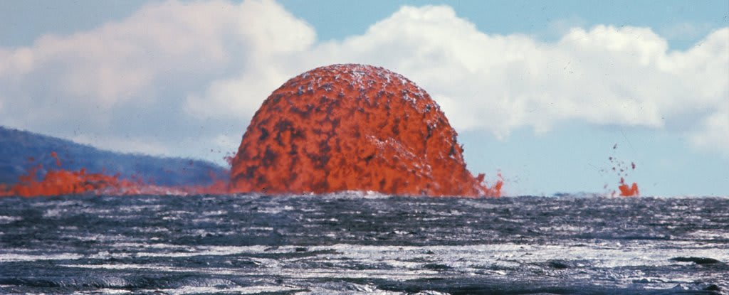Rare picture of lava bubble erupting near the coast of Hawaii.