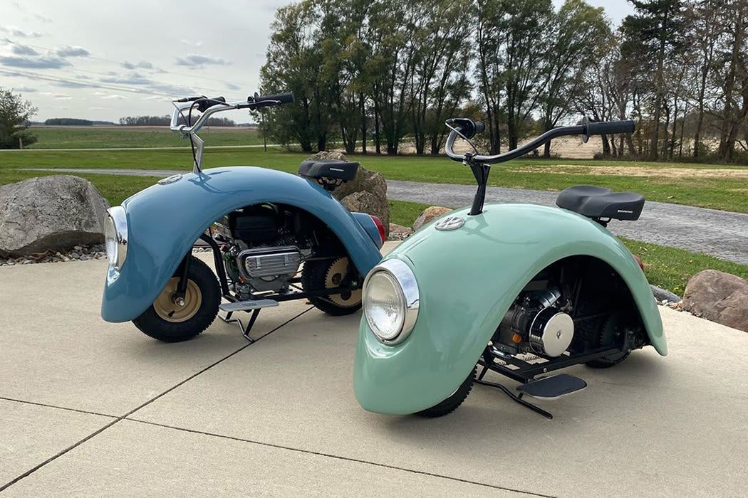 The wheel hubs of a vintage Volkwagen Beetle are reimagined as a pair of “Volkspod” scooters
