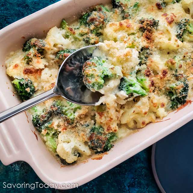 Broccoli-Cauliflower Gratin recipe with Brie and Cheddar Cheese Sauce