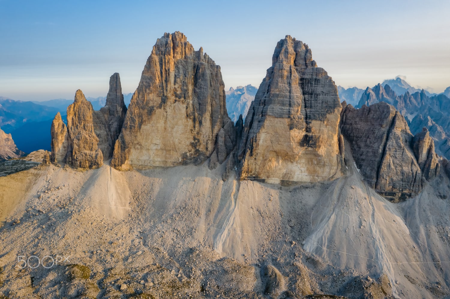 Aerial view of Tre Cime in the Dolomites Alps, National Nature Park at