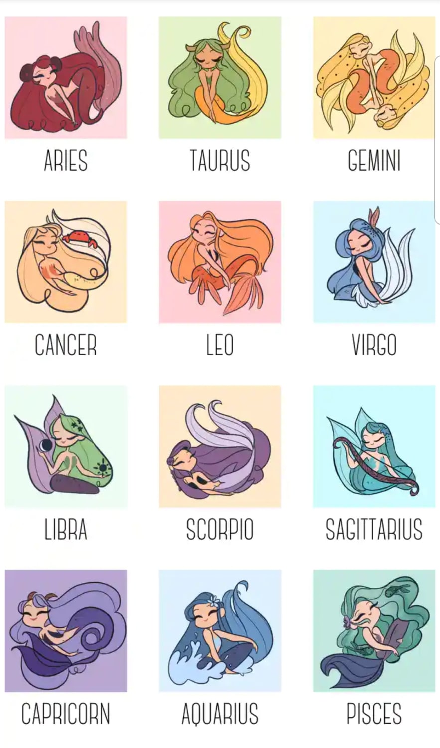 My wife drew all 12 Zodiac signs as mermaids and is making them into pins, stickers, and illustrations. Her father said she won't succeed as an artist but here she is!