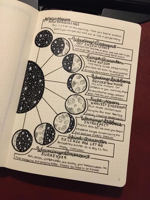 Started a lil side project for my spirituality, what else to start with than the moon phases? : bulletjournal | Книга теней, Артбуки, Викканство