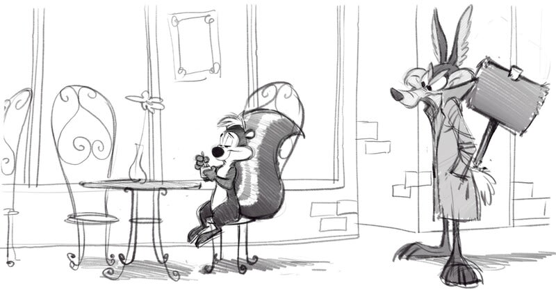 Here's concept art of the cancelled Pepe le Pew movie featuring other Looney Tunes characters like Elmer Fudd and Wile E. Coyote. Art by Sylvian Deboissy.