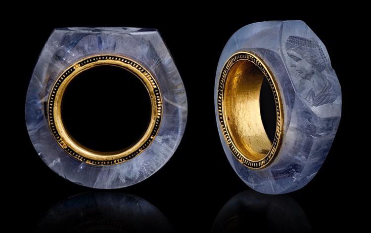 2000 year old Sapphire ring thought to have belonged to Roman Emperor Caligula. It it appears to be a portrait of Caligula's fourth—and last—wife, Caesonia. Caligula ruled from 37 CE, but his reign was cut short after four years when he was assassinated.