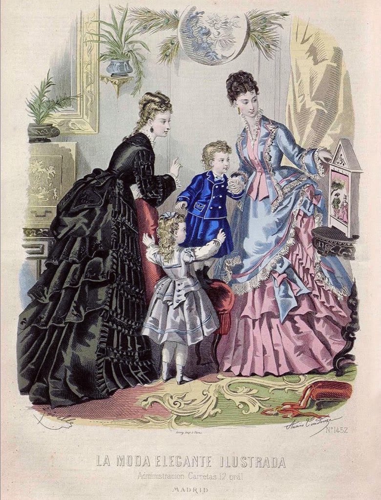 Remember the goth and bubblegum Victorian women I posted back in January? They have kids now. Fashion plate, c.1874.