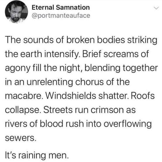 The sounds of broken bodies striking the earth intensify.