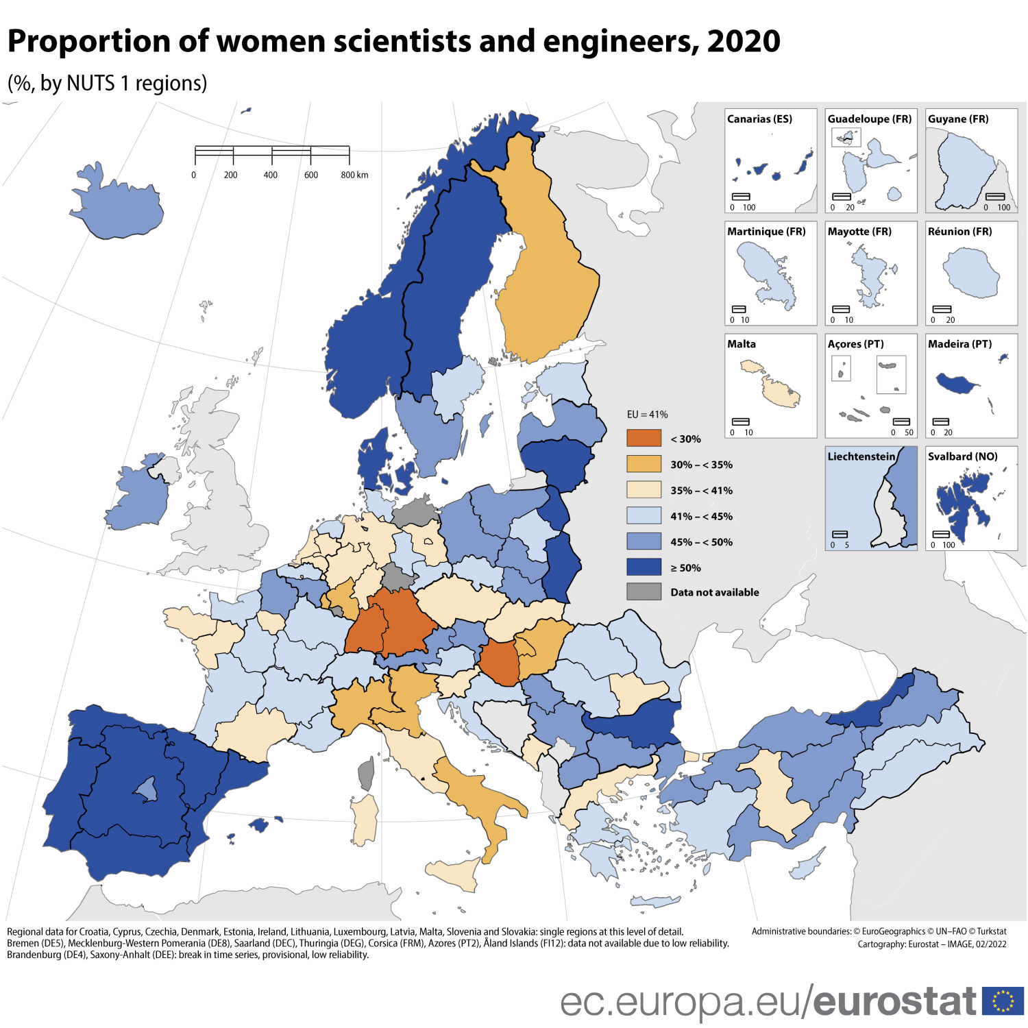 Proportion of women in Science and Engineering [Source: eurostat]