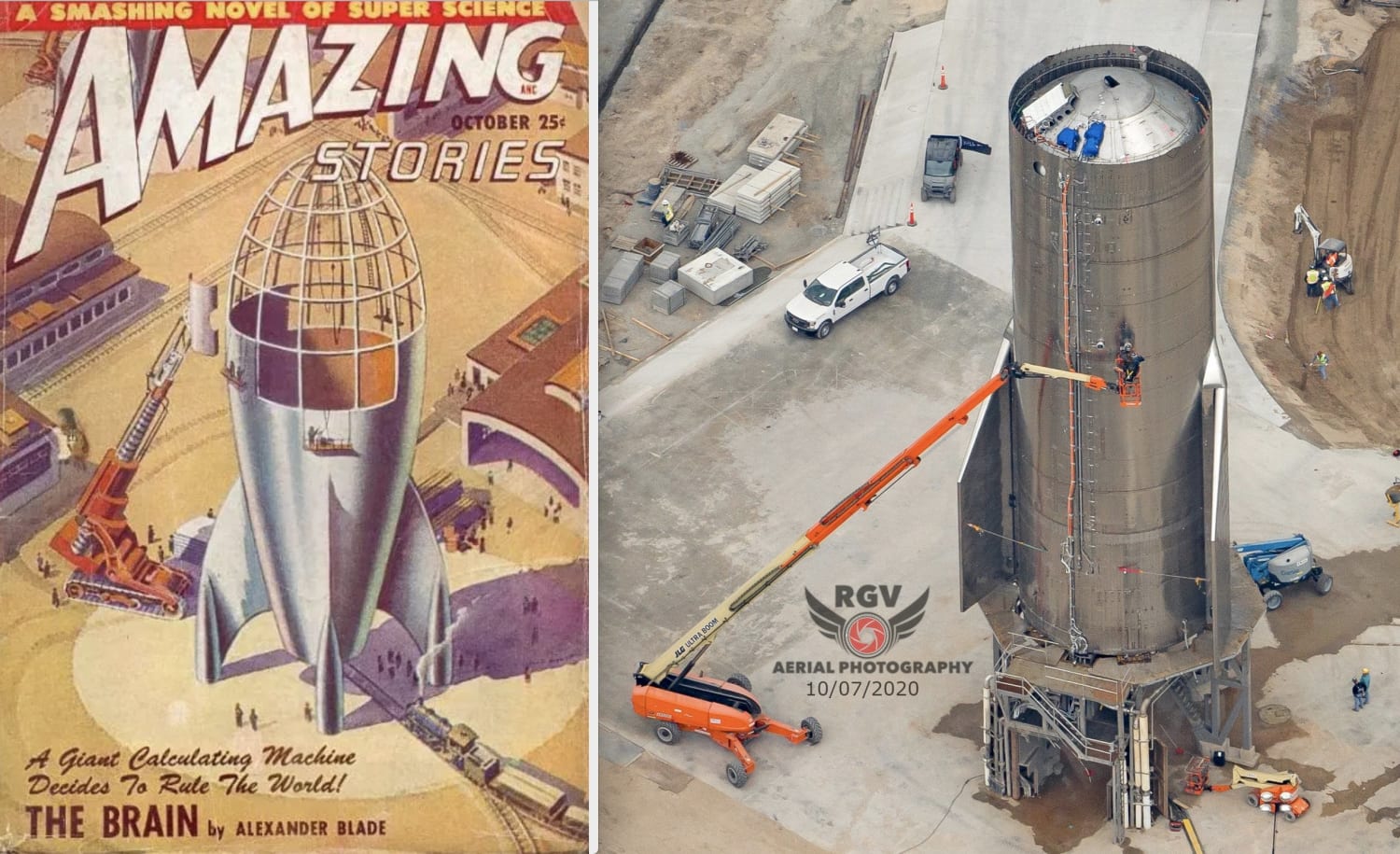 A 1948 novel cover by James B. Settles vs. a SpaceX Starship rocket under construction now