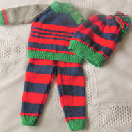 Hand Knitted Baby's 3 Piece Baby's Trousers Jumper and Hat Set, New Baby Gift