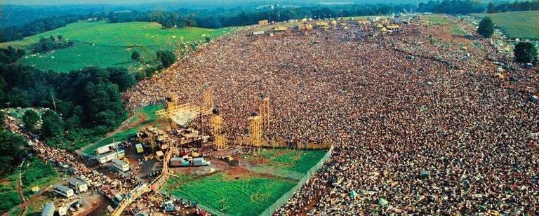 An aerial photo of Woodstock Music and Art Fair, 1969.