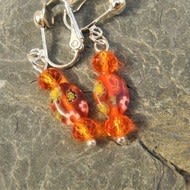 Orange Millefiori Bead and Orange Crystal Rondelle Bead Clip On Earrings