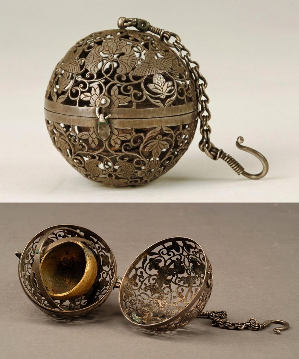 Swinging censer with stabilizing internal gimbal, featuring bird and leaf motifs. China, Tang dynasty, around 750 AD